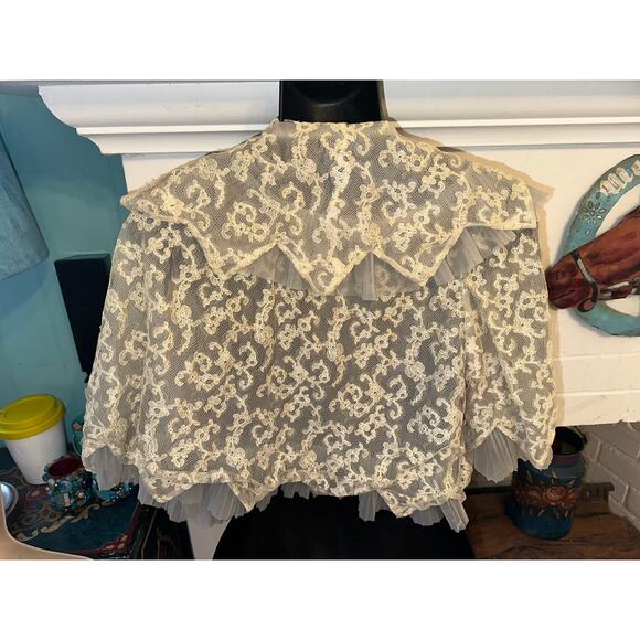 ANTIQUE 30's/40's PALEST BLUE/GRAY LAYERED LACE MESH ORGANDY BEDJACKET CARDIGAN - Picture 2 of 14